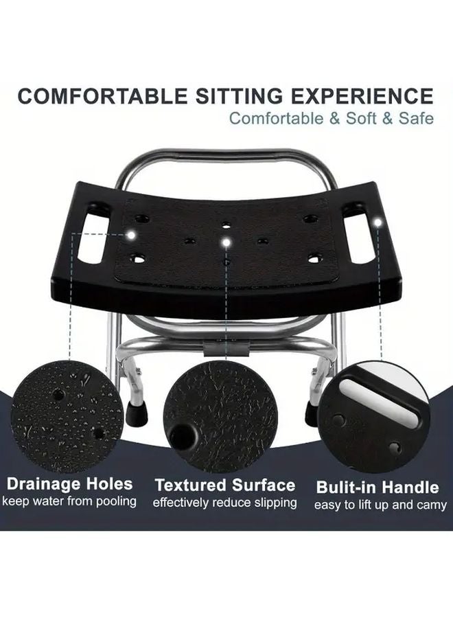 Black Folding Shower Chair 350lb Capacity Stainless Steel Anti Slip Safety Seat for Seniors Disabled - Image 4
